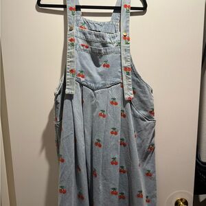 Dressed in LALA Cherry Print Denim Overall Dress